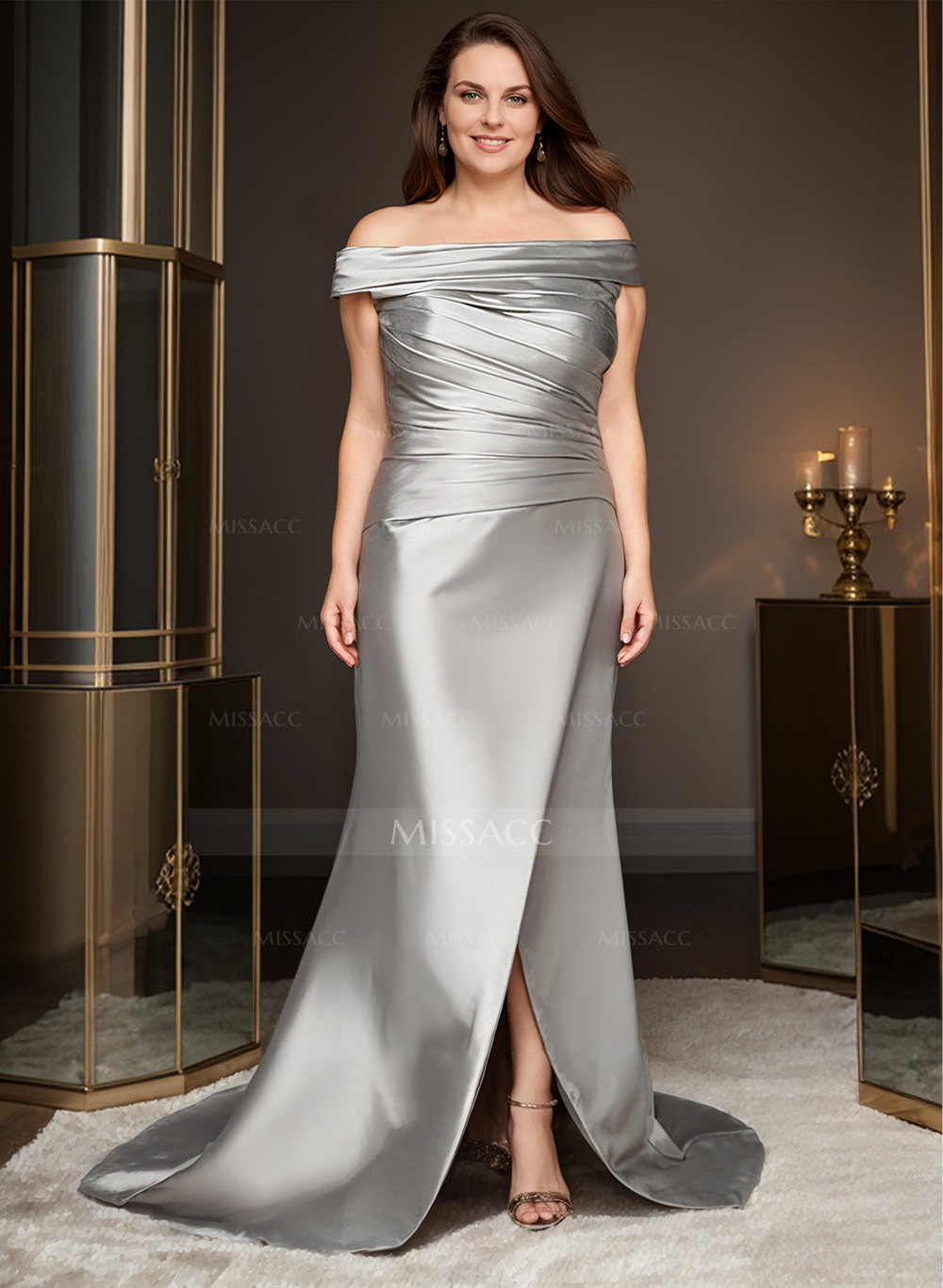 Long Satin Cap Shoulder Sheath/Column Mother Of The Bride Dresses