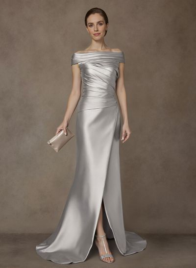 Long Satin Cap Shoulder Sheath/Column Mother Of The Bride Dresses