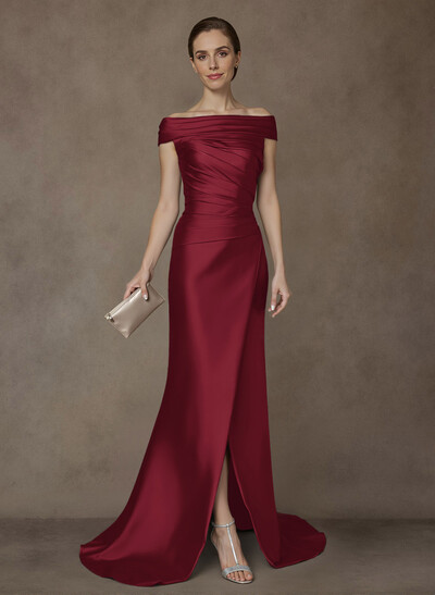 Long Satin Cap Shoulder Sheath/Column Mother Of The Bride Dresses