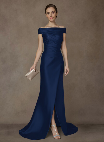 Long Satin Cap Shoulder Sheath/Column Mother Of The Bride Dresses