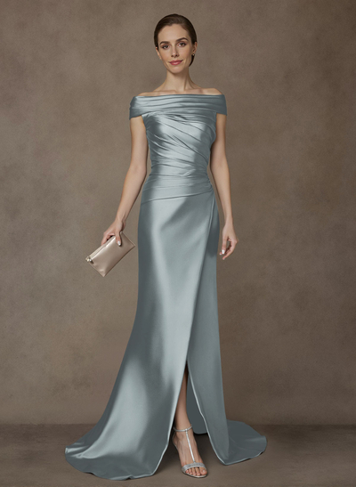 Long Satin Cap Shoulder Sheath/Column Mother Of The Bride Dresses