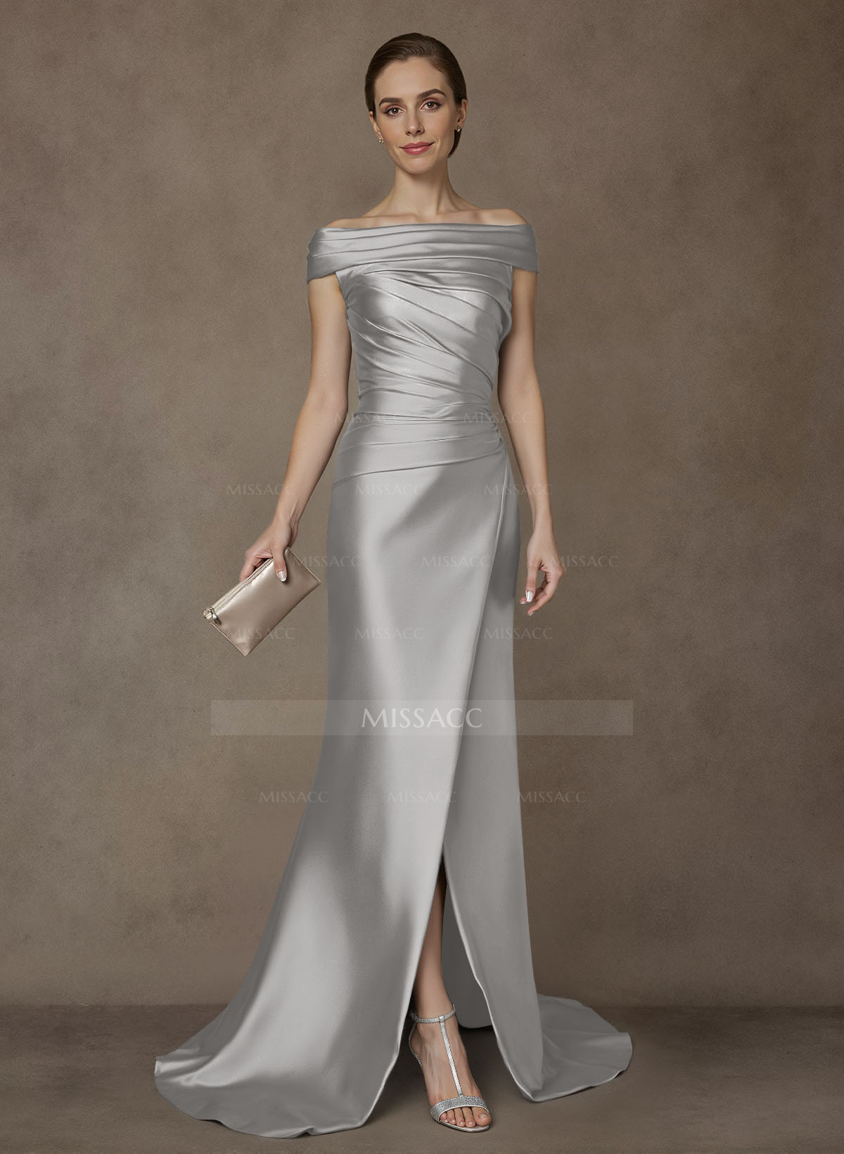 Long Satin Cap Shoulder Sheath/Column Mother Of The Bride Dresses