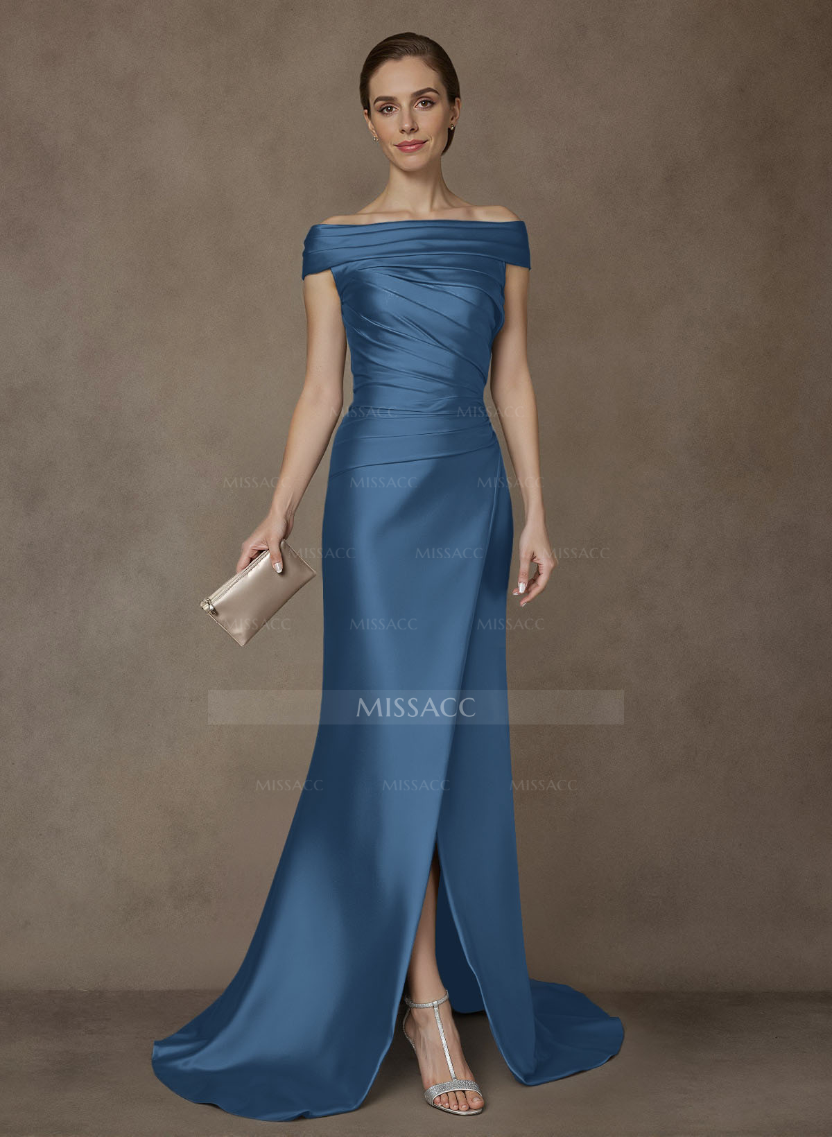Long Satin Cap Shoulder Sheath/Column Mother Of The Bride Dresses