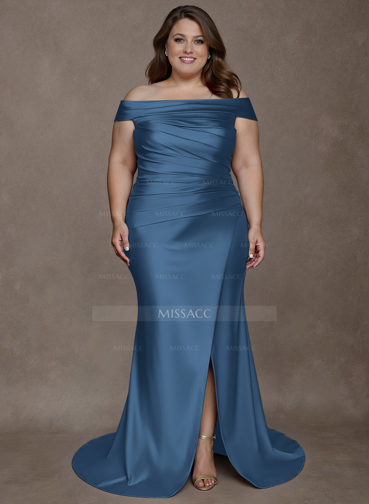 Long Satin Cap Shoulder Sheath/Column Mother Of The Bride Dresses