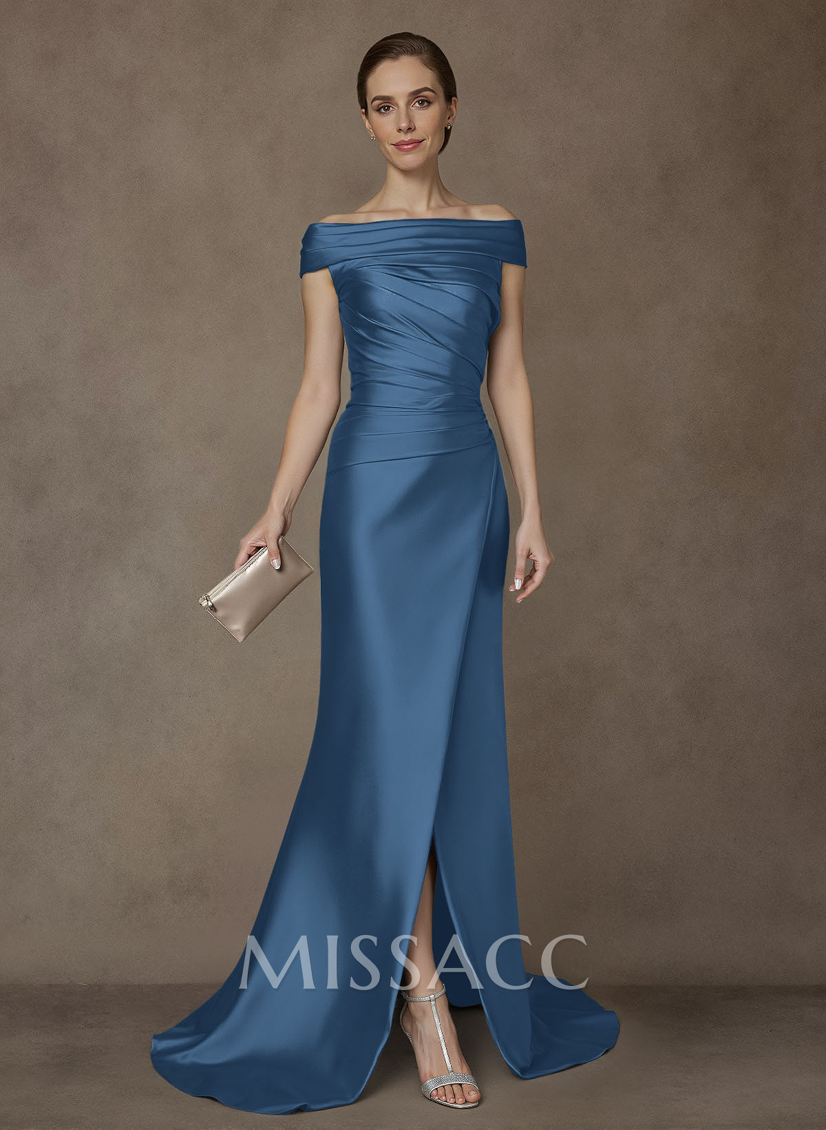 Long Satin Cap Shoulder Sheath/Column Mother Of The Bride Dresses