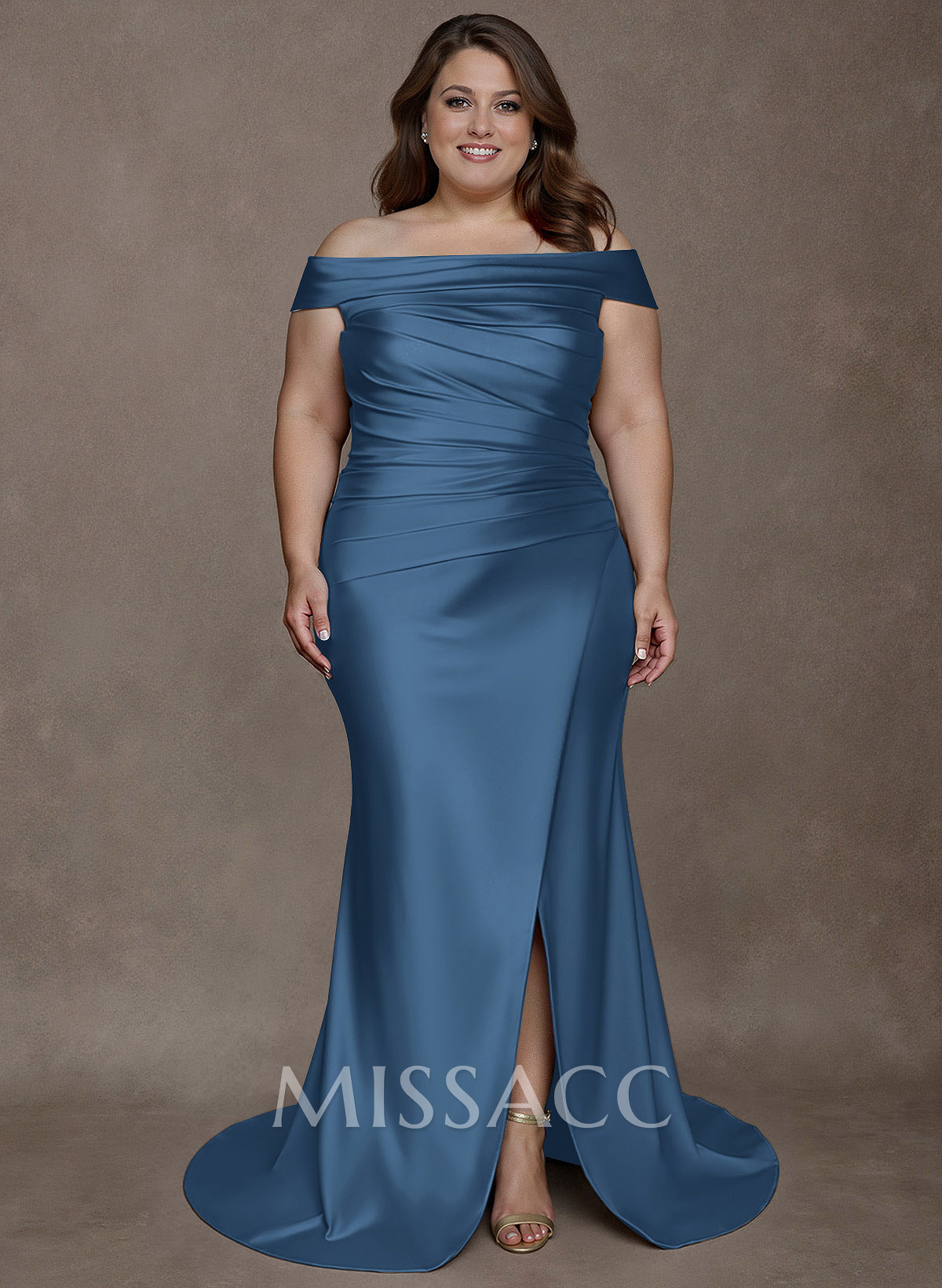 Long Satin Cap Shoulder Sheath/Column Mother Of The Bride Dresses