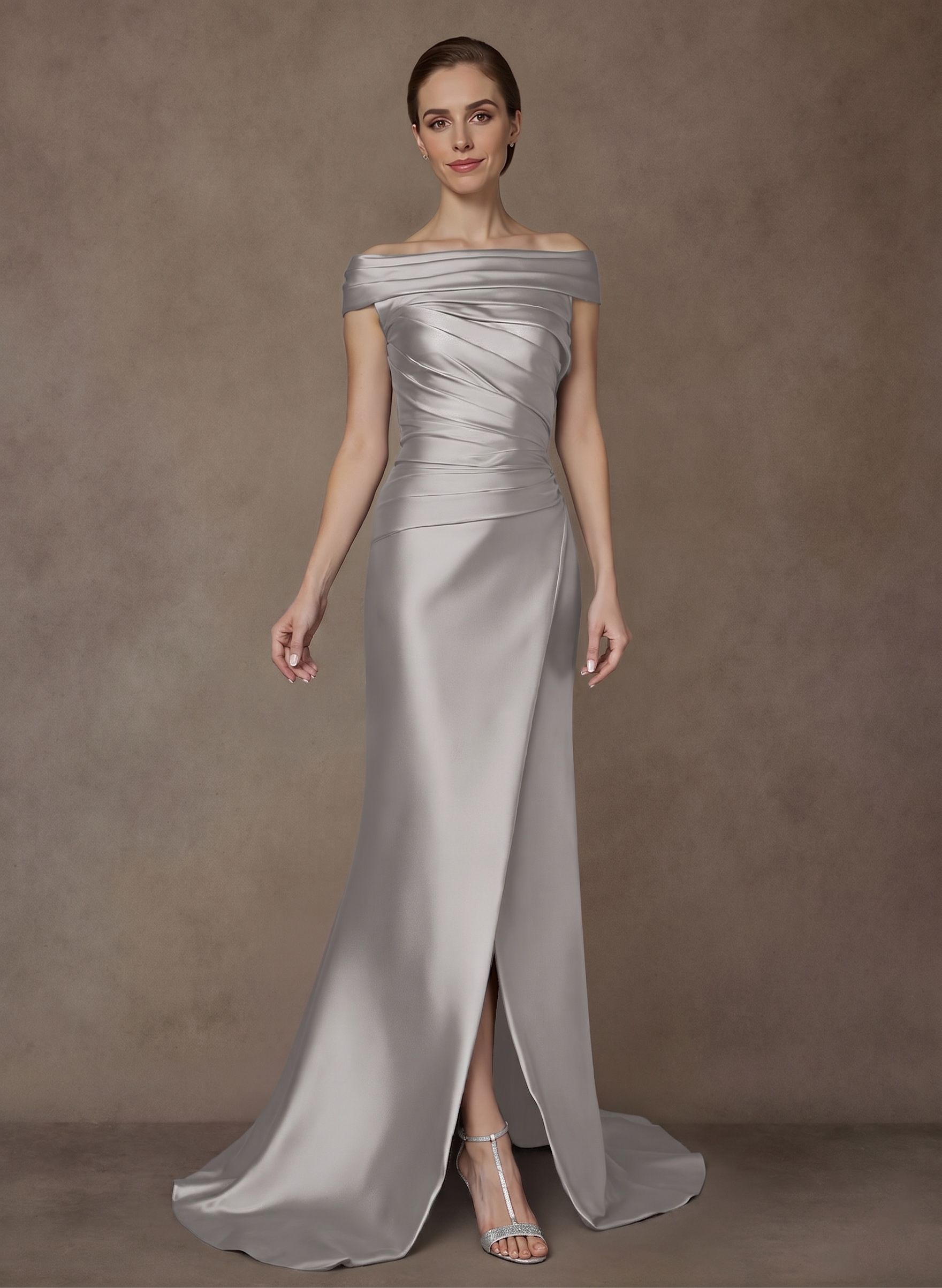 Long Satin Cap Shoulder Sheath/Column Mother Of The Bride Dresses