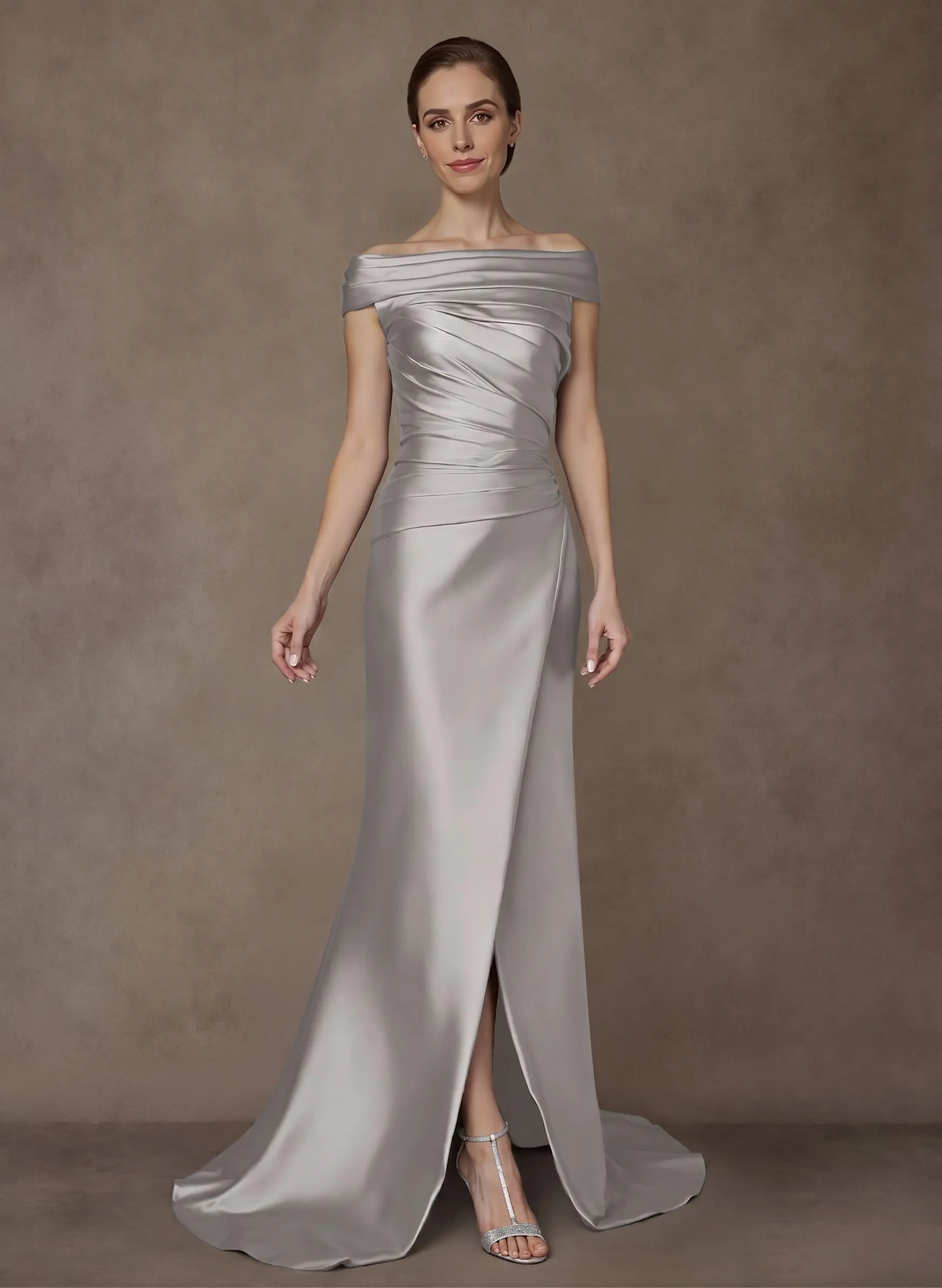 Long Satin Cap Shoulder Sheath/Column Mother Of The Bride Dresses