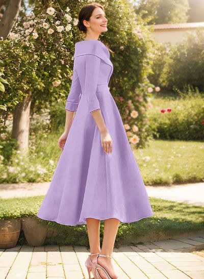 A-Line V-Neck 3/4 Sleeves Knee-Length Satin Bridesmaid Dresses