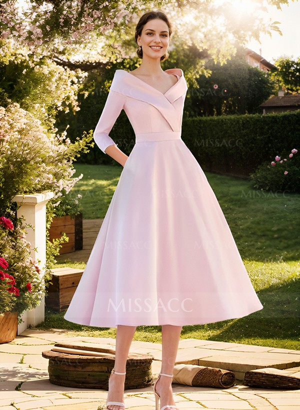 Elegant Pleated Off Shoulder Long Sleeves A-Line Satin Mother Of The Bride Dresses