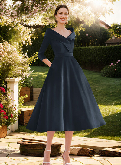 Elegant Pleated Off Shoulder Long Sleeves A-Line Satin Mother Of The Bride Dresses