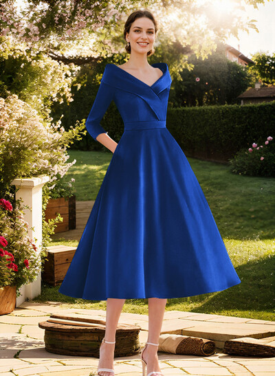 Elegant Pleated Off Shoulder Long Sleeves A-Line Satin Mother Of The Bride Dresses