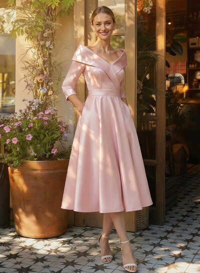 Elegant Pleated Off Shoulder Long Sleeves A-Line Satin Mother Of The Bride Dresses