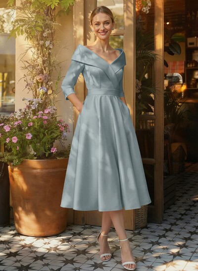 Elegant Pleated Off Shoulder Long Sleeves A-Line Satin Mother Of The Bride Dresses