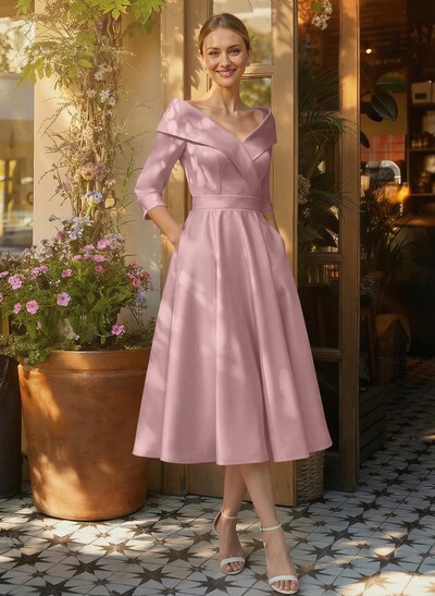 Elegant Pleated Off Shoulder Long Sleeves A-Line Satin Mother Of The Bride Dresses