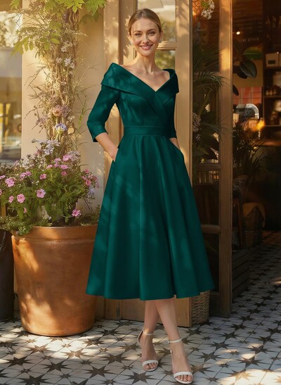 Elegant Pleated Off Shoulder Long Sleeves A-Line Satin Mother Of The Bride Dresses