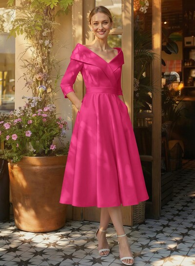 Elegant Pleated Off Shoulder Long Sleeves A-Line Satin Mother Of The Bride Dresses