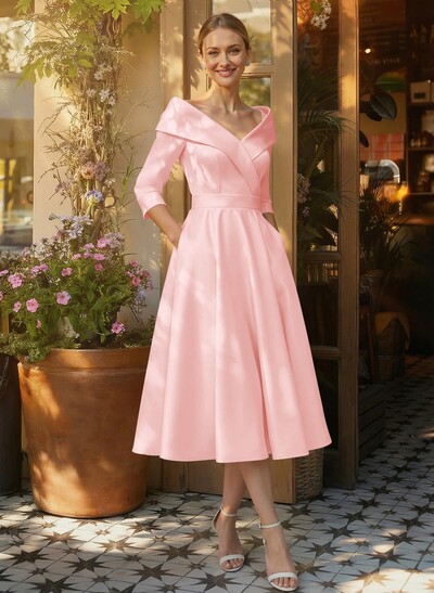 Elegant Pleated Off Shoulder Long Sleeves A-Line Satin Mother Of The Bride Dresses