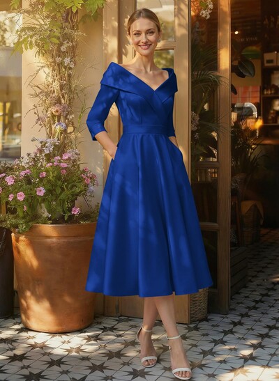 Elegant Pleated Off Shoulder Long Sleeves A-Line Satin Mother Of The Bride Dresses