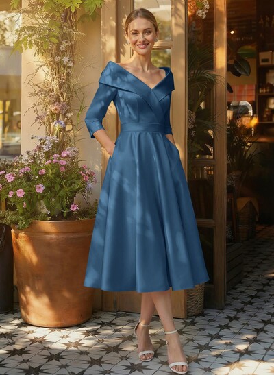 Elegant Pleated Off Shoulder Long Sleeves A-Line Satin Mother Of The Bride Dresses