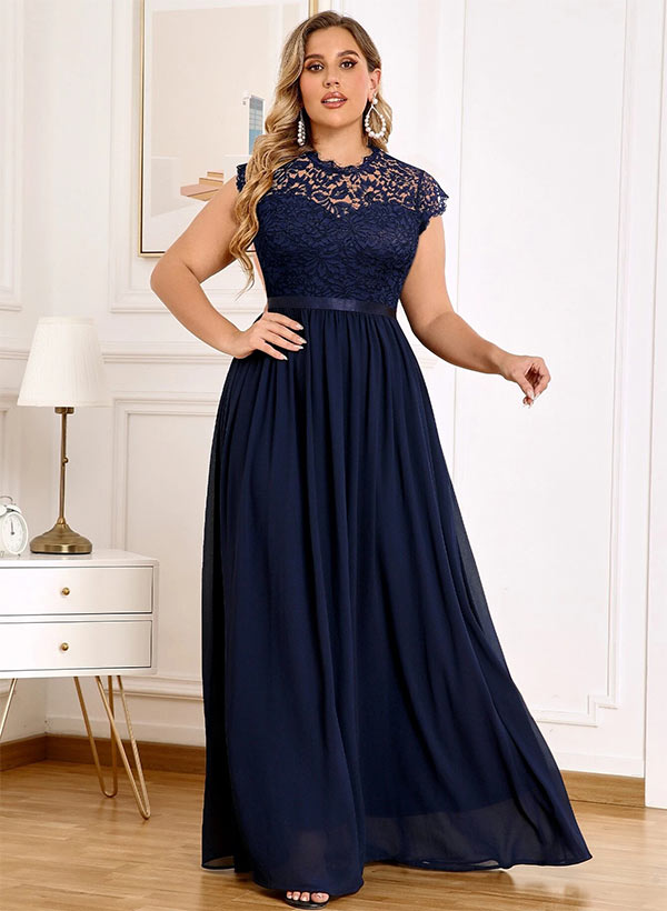 A-Line Illusion Neck Short Sleeves Floor-Length Chiffon/Lace Mother Of The Bride Dresses With Lace