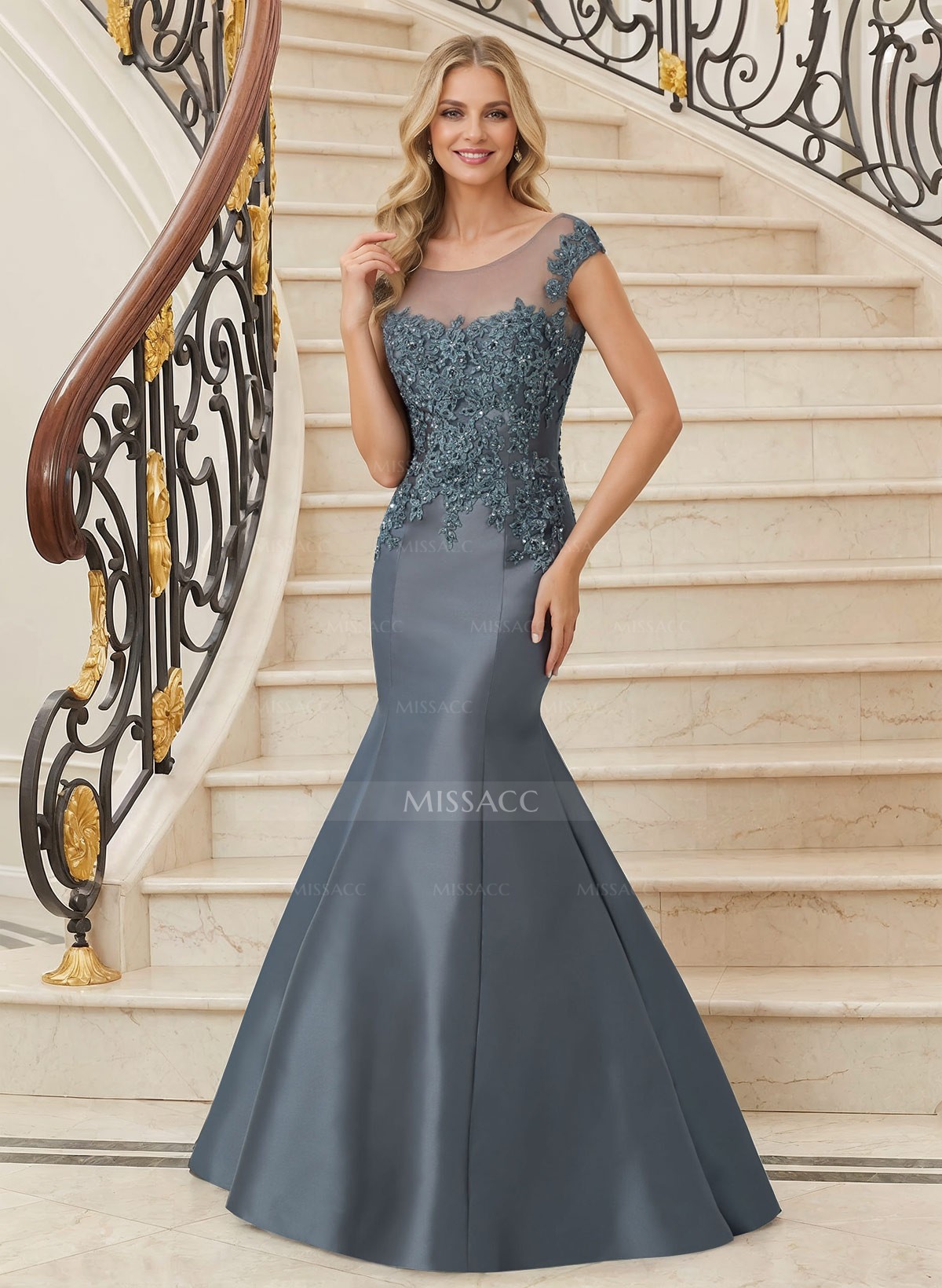 Trumpet/Mermaid Illusion Neck Satin Mother Of The Bride Dresses With Appliques Lace