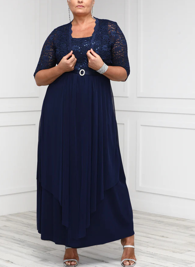 Navy A-Line Lace Long Mother Of The Bride Dresses With Wrap