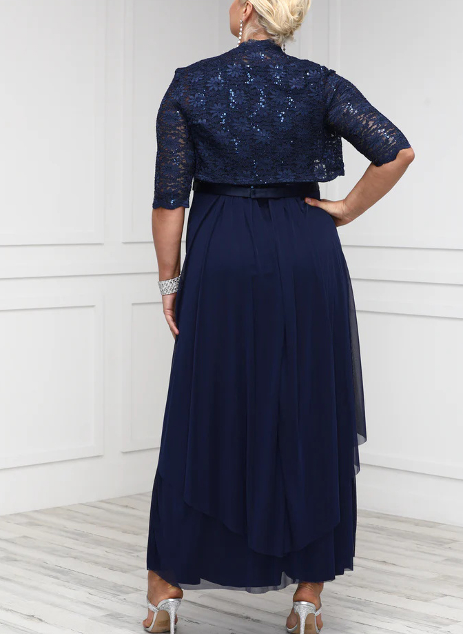 Navy A-Line Lace Long Mother Of The Bride Dresses With Wrap