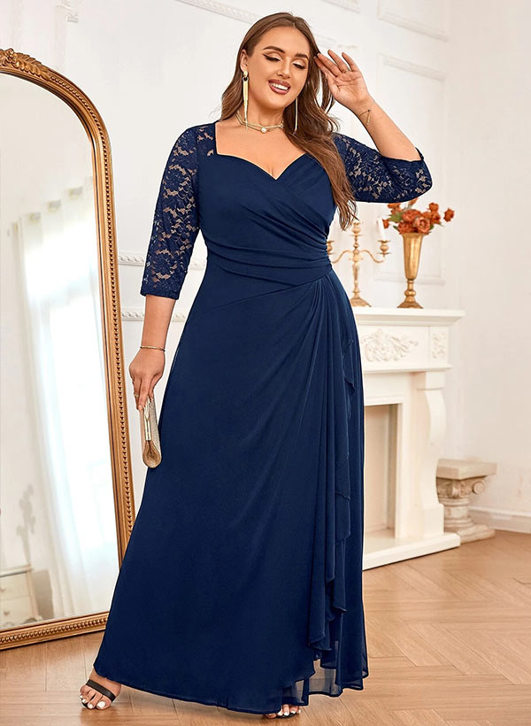A-Line V-Neck 3/4 Sleeves Floor-Length Chiffon/Lace Mother Of The Bride Dresses With Lace
