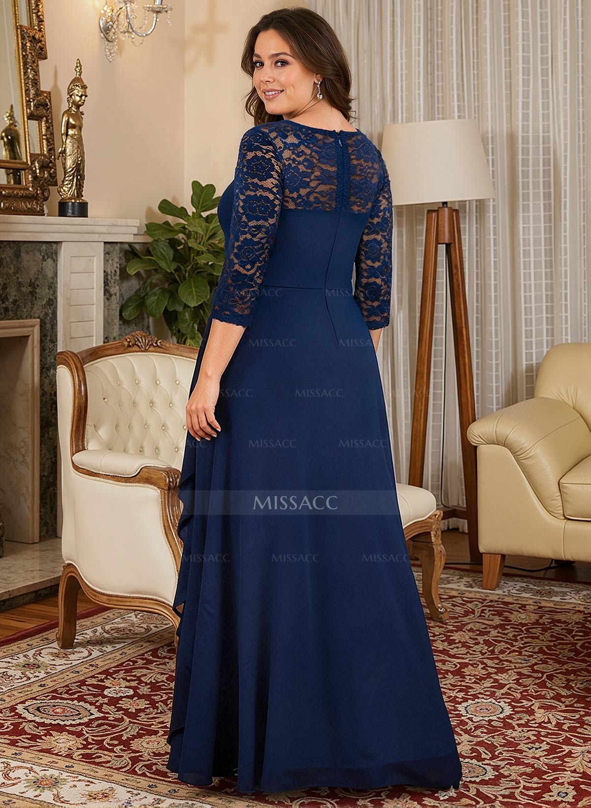 A-Line V-Neck 3/4 Sleeves Floor-Length Chiffon/Lace Mother Of The Bride Dresses With Lace