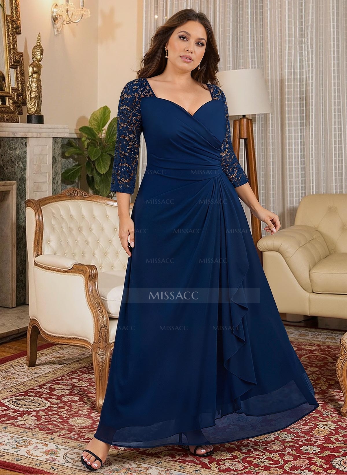 A-Line V-Neck 3/4 Sleeves Floor-Length Chiffon/Lace Mother Of The Bride Dresses With Lace