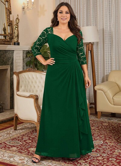 A-Line V-Neck 3/4 Sleeves Floor-Length Chiffon/Lace Mother Of The Bride Dresses With Lace