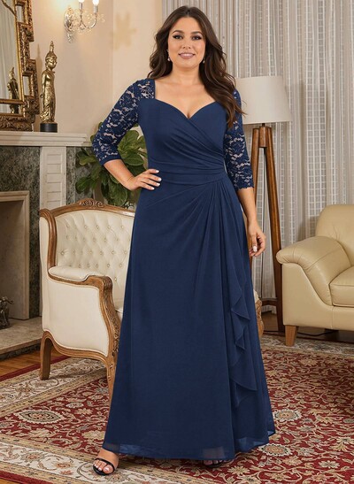 A-Line V-Neck 3/4 Sleeves Floor-Length Chiffon/Lace Mother Of The Bride Dresses With Lace
