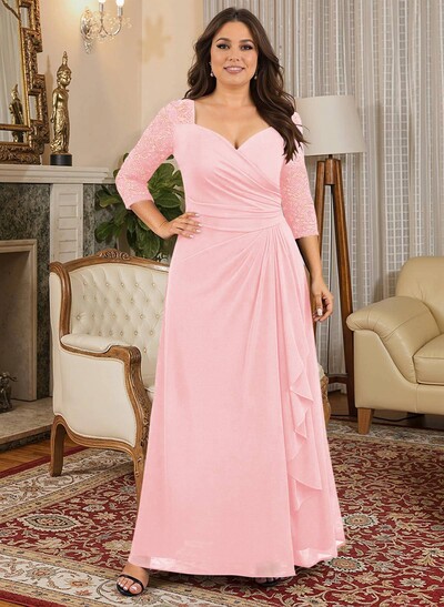 A-Line V-Neck 3/4 Sleeves Floor-Length Chiffon/Lace Mother Of The Bride Dresses With Lace