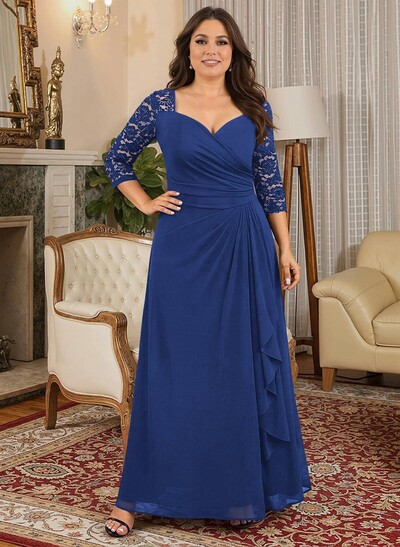 A-Line V-Neck 3/4 Sleeves Floor-Length Chiffon/Lace Mother Of The Bride Dresses With Lace