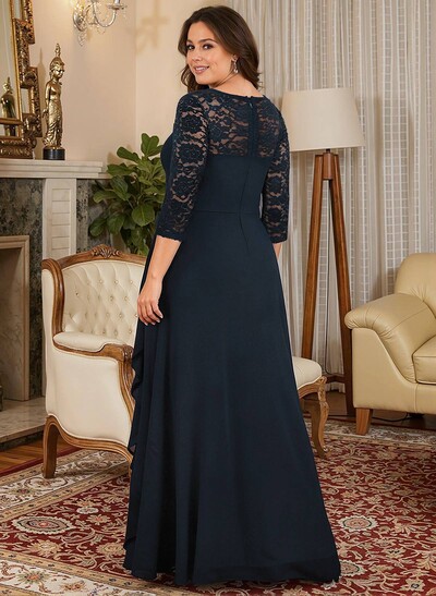 A-Line V-Neck 3/4 Sleeves Floor-Length Chiffon/Lace Mother Of The Bride Dresses With Lace