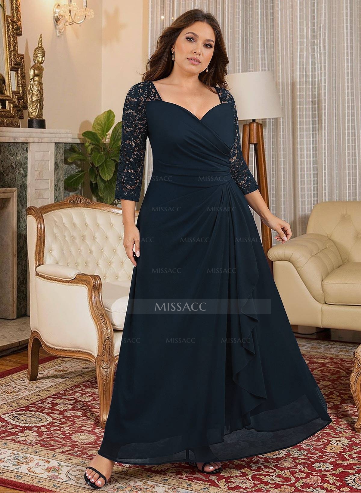 A-Line V-Neck 3/4 Sleeves Floor-Length Chiffon/Lace Mother Of The Bride Dresses With Lace