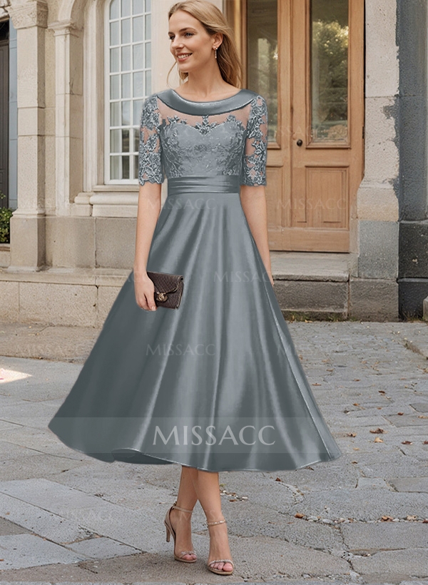 Wedding Dress Gray Tea Length Formal Dress Elegant Cowl Neck A