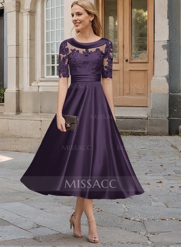 Purple Mother Of The Bride Tea Dress Elegant Cowl Neck A-Line Tea