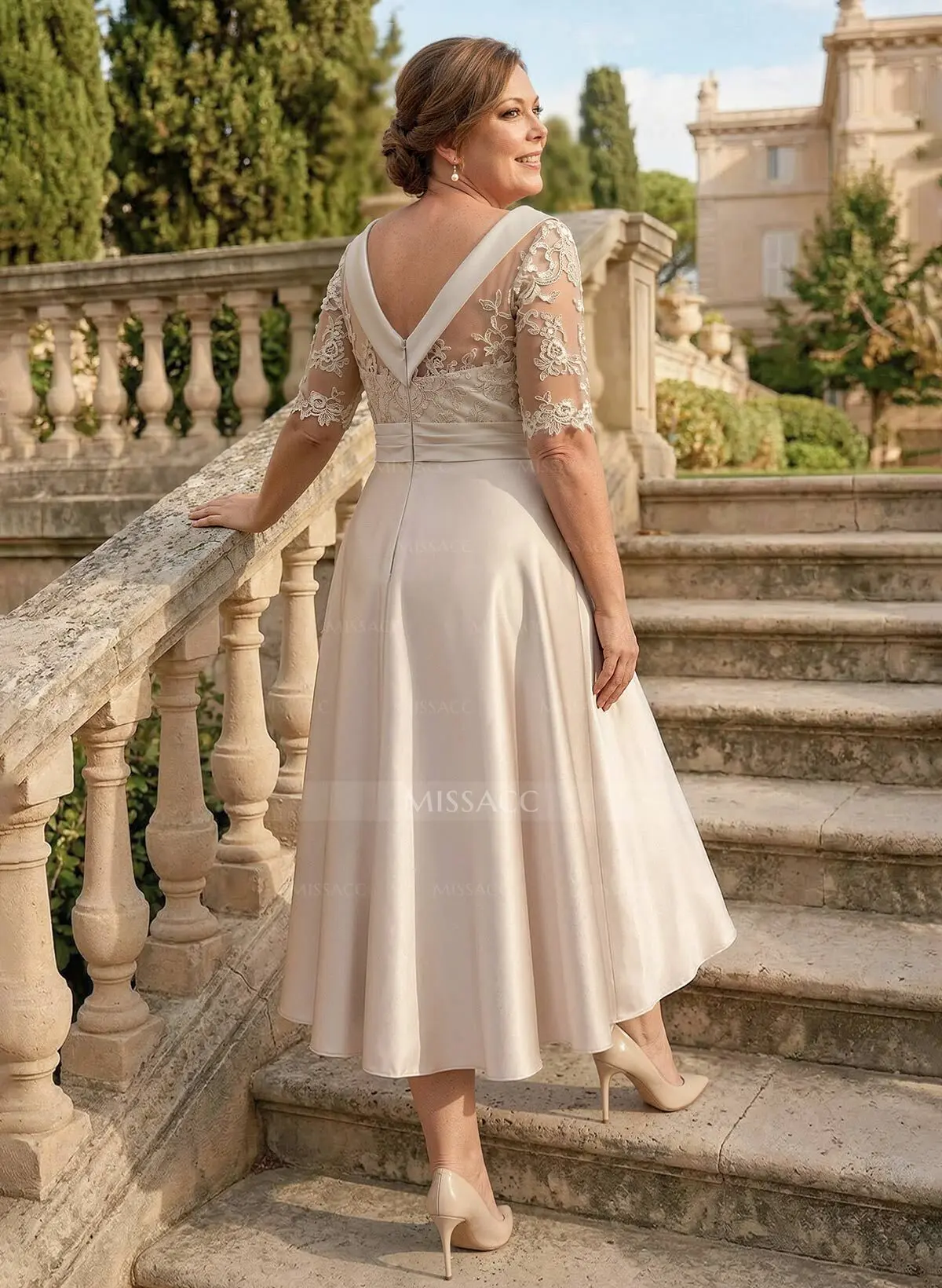knee length dresses for ladies V-Neck Embroidered Lace Bodice A-Line Mother of The Bride Dress main image 1