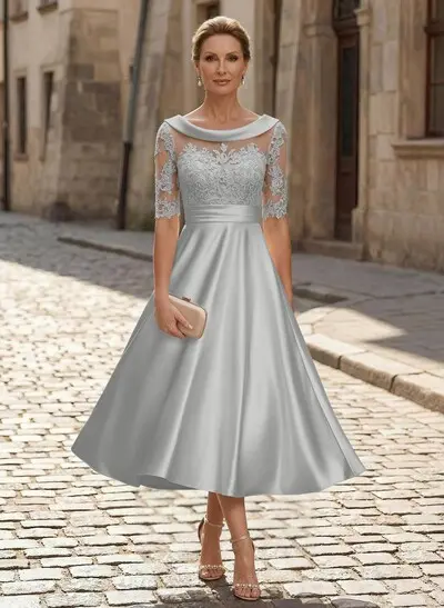 Elegant Cowl Neck A-Line Tea-Length Mother Of The Bride Dresses - Missacc  Germany