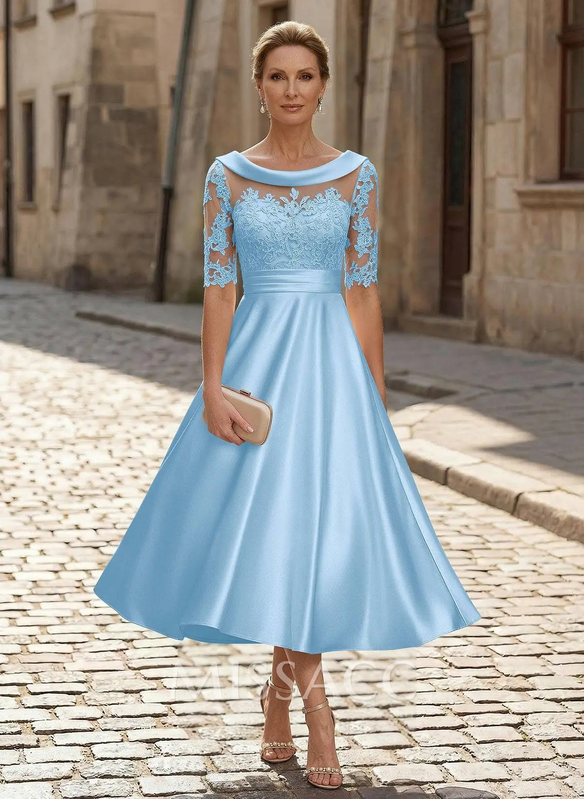Elegant Cowl Neck A-Line Tea-Length Mother Of The Bride Dresses - Missacc Elegant Cowl Neck A-Line Tea-Length Mother Of The Bride Dresses - Missacc