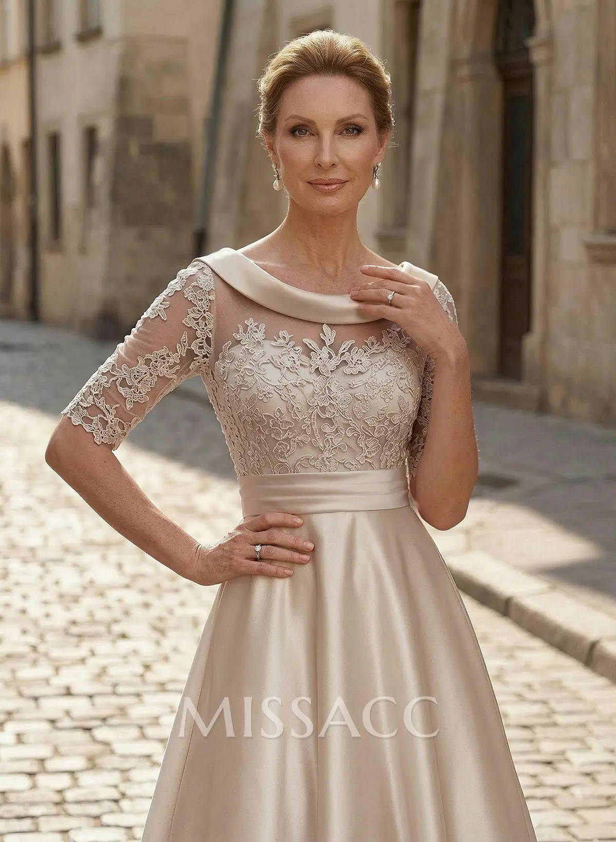 Elegant Cowl Neck A-Line Tea-Length Mother Of The Bride Dresses - Missacc Elegant Cowl Neck A-Line Tea-Length Mother Of The Bride Dresses - Missacc