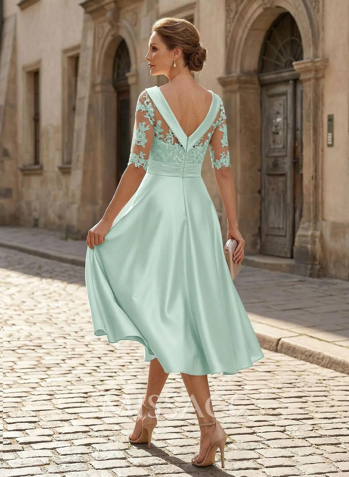 Elegant Cowl Neck A-Line Tea-Length Mother Of The Bride Dresses - Missacc Germany Elegant Cowl Neck A-Line Tea-Length Mother Of The Bride Dresses - Missacc Germany