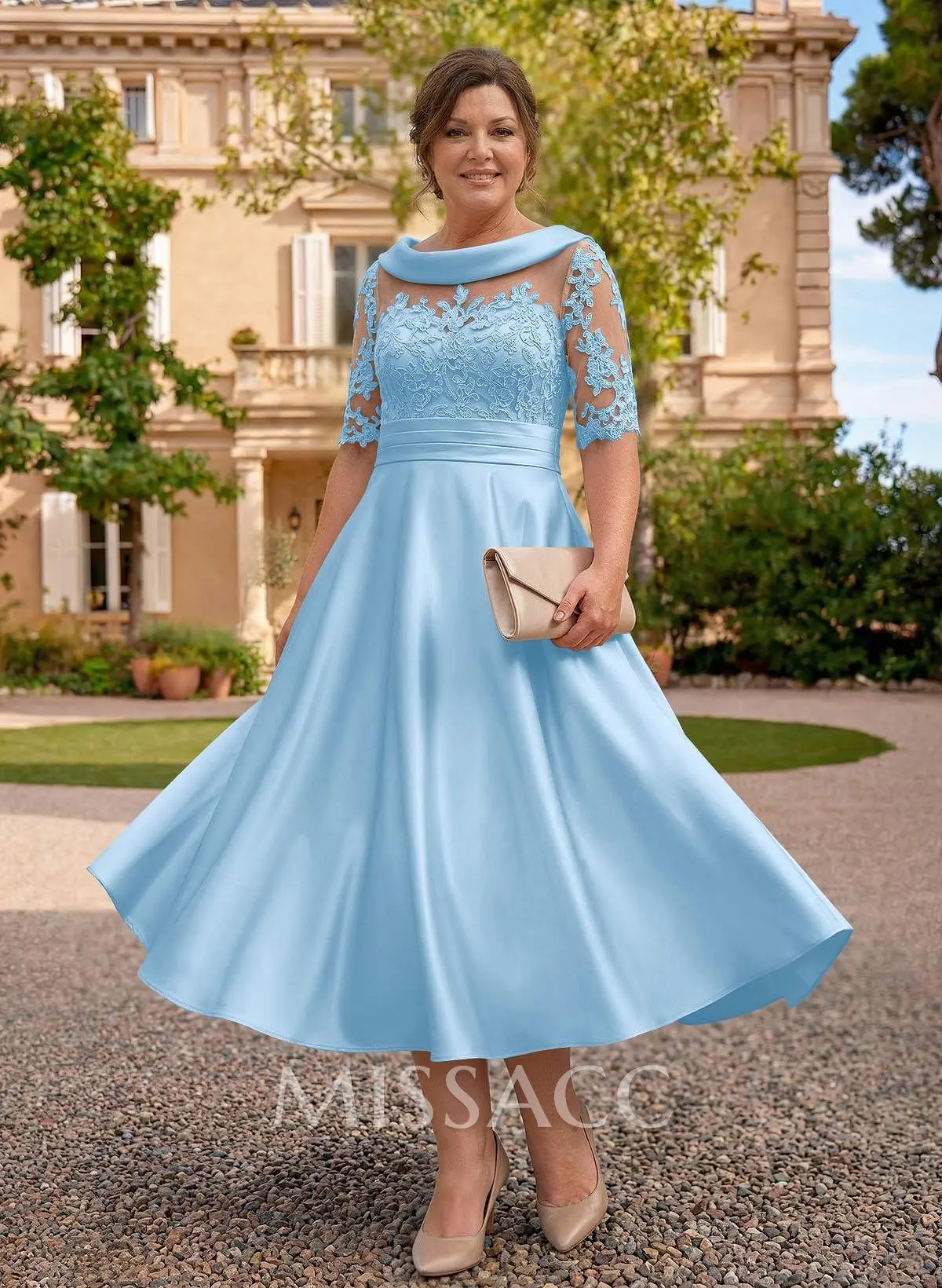 cheap tea length formal dresses Blue Short Sleeves Tea Length Formal Dress, Blue Bridesmaid Dresses, W main image 0