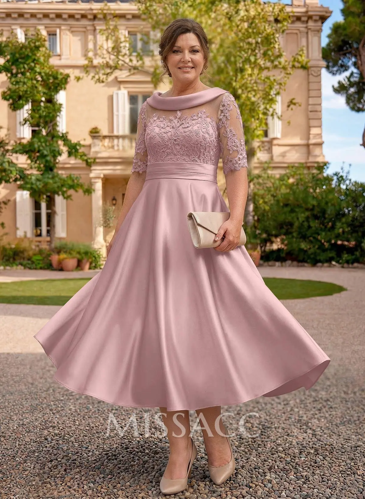 cowl neck tea-length satin a-line dress Simple Tea-Length Dress with Cowl Neck