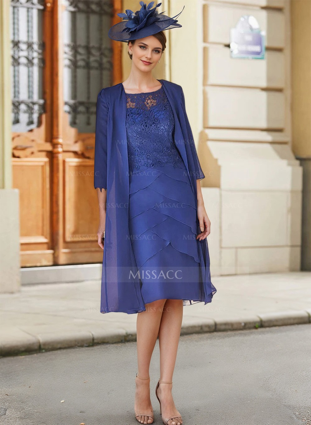 Royal Blue Lace Sheath/Column Knee-Length Mother Of The Bride Dresses