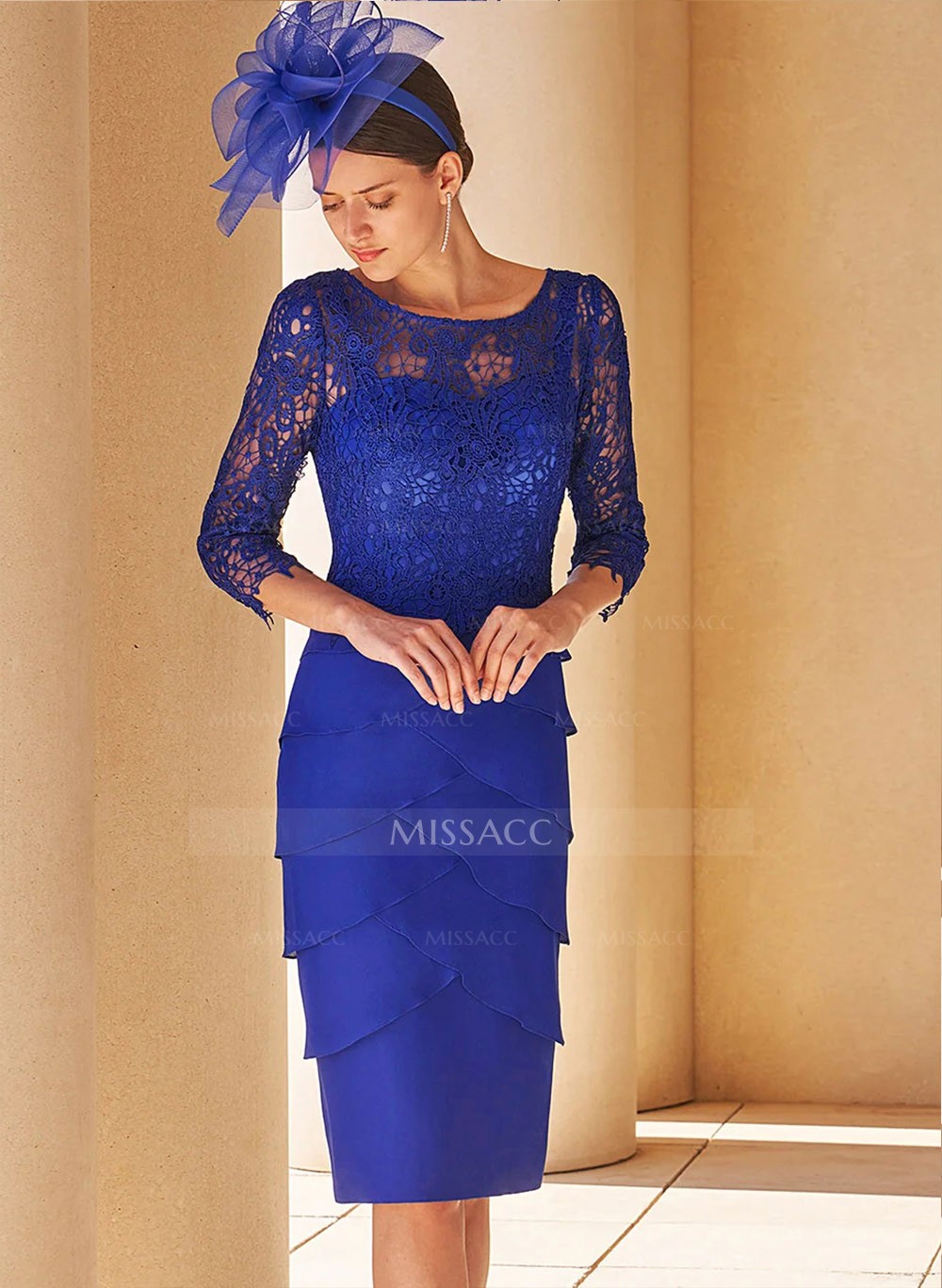 Royal Blue Lace Sheath/Column Knee-Length Mother Of The Bride Dresses