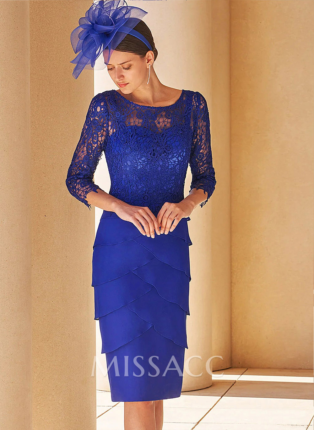 Royal Blue Lace Sheath/Column Knee-Length Mother Of The Bride Dresses