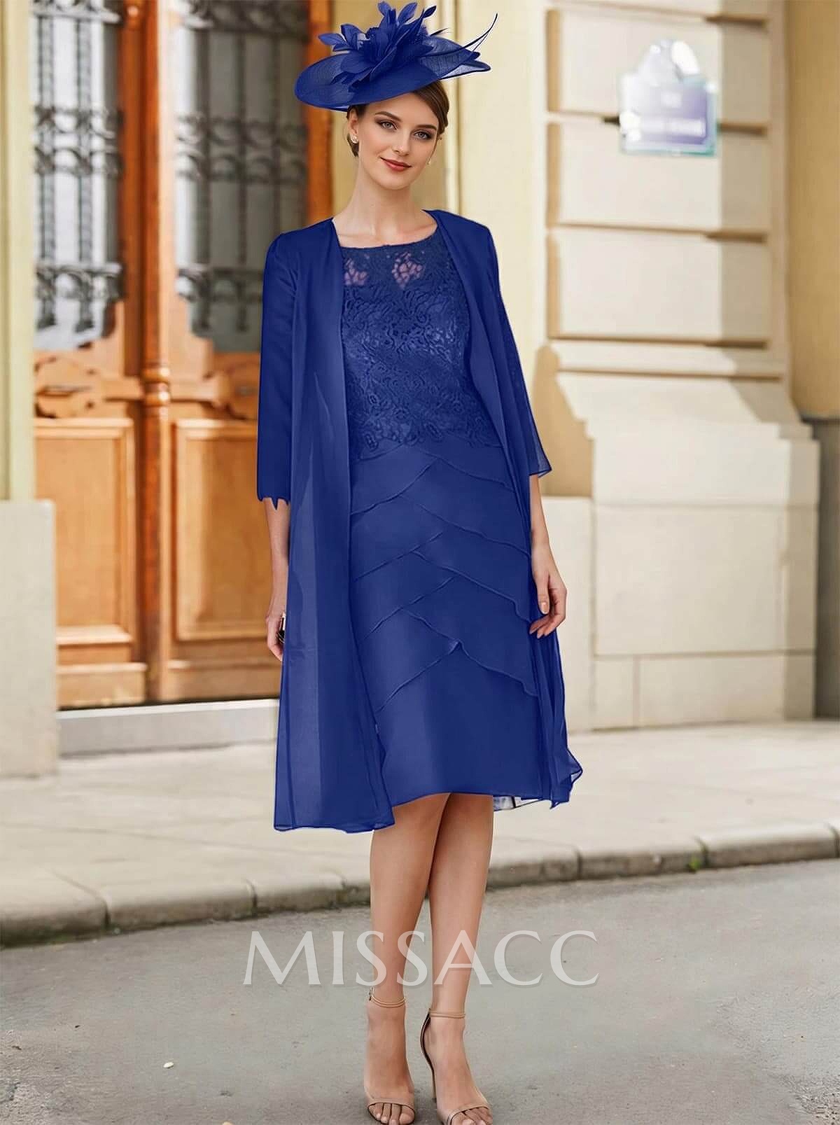 Royal Blue Lace Sheath/Column Knee-Length Mother Of The Bride Dresses